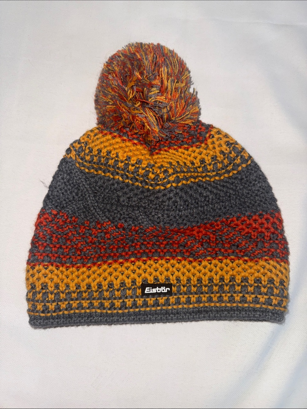Multicolor Knit Pom Beanie - Gray, Mustard & Red
